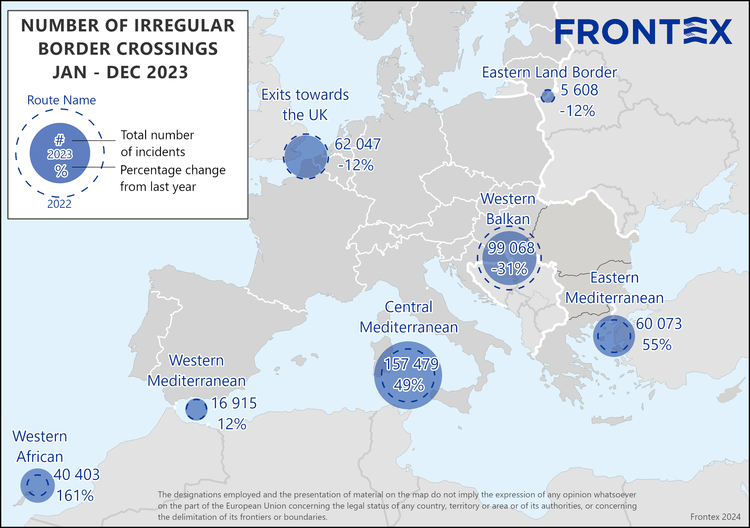 Frontex, karta över Europa som visar irregulär migration.