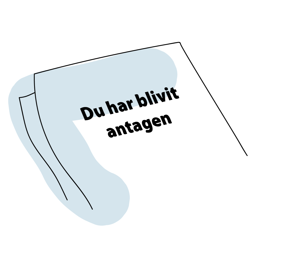 Illustration av ett papper som det står "Du har blivit antagen" på.