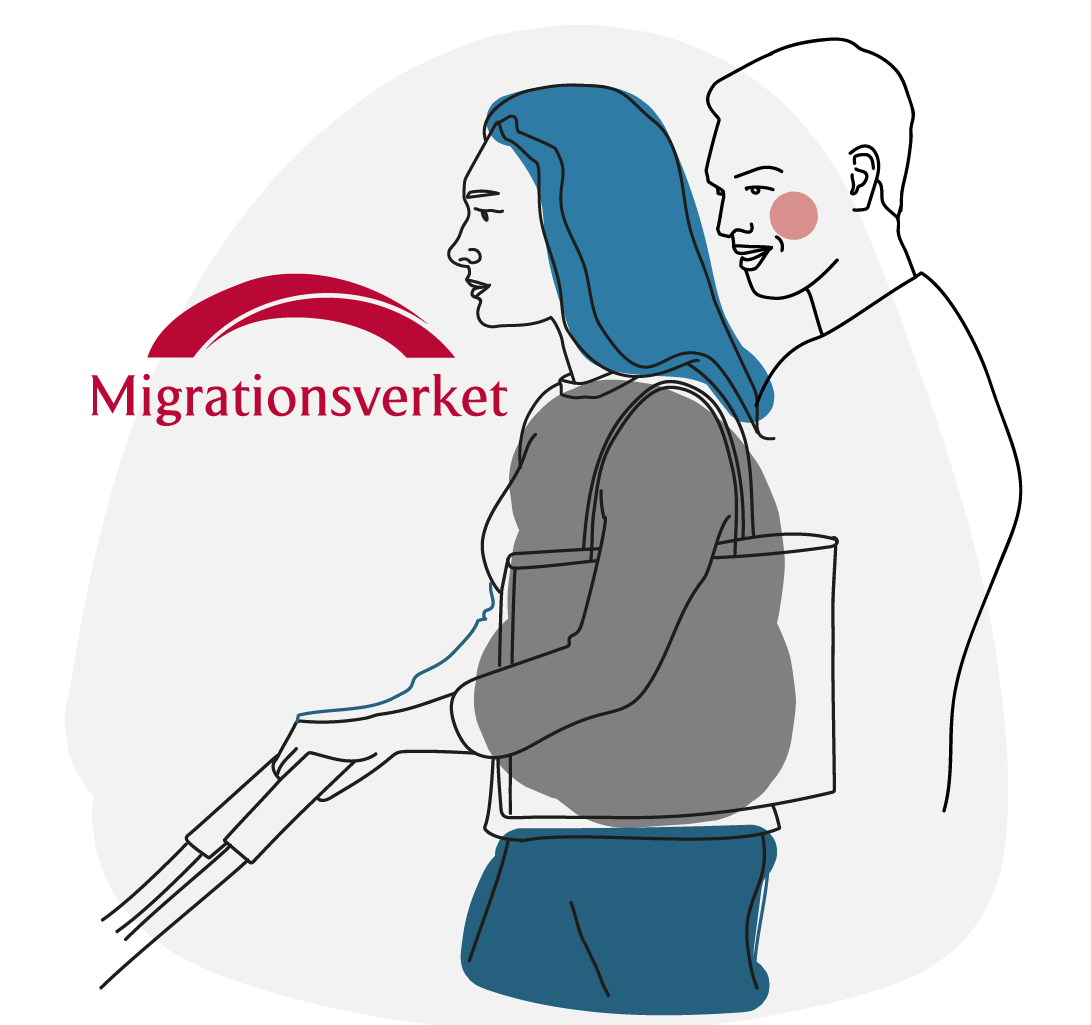 Illustration av en mamma och pappa som går med barnvagn och ska besöka Migrationsverket.