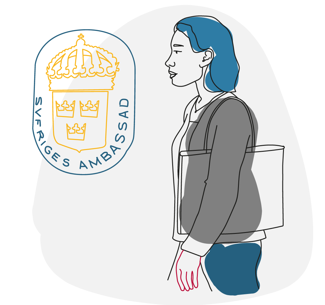 Illustration av en ung kvinna som besöker Sveriges ambassad.