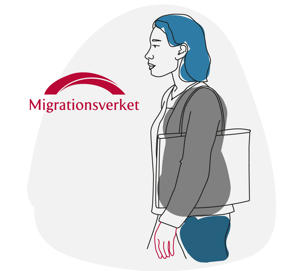 Illustration av en ung kvinna som besöker Migrationsverket.