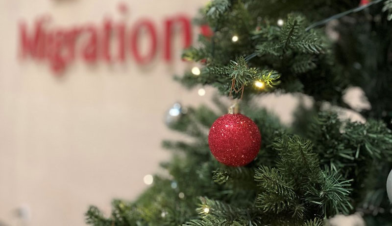 A Christmas tree with a red decoration. Behind the tree you can see a part of the logotype for the Swedish Migration Board.