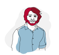 Illustration showing man with red hair and beard, wearing blue shirt.