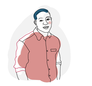 Illustration showing a man in a pink shirt with blue-black hair.