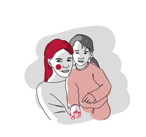 Illustration showing a woman with red hair holding a child in her arms.