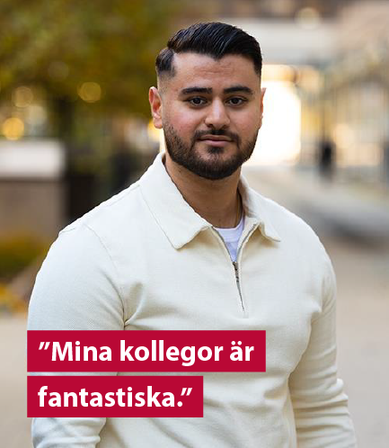 Matti, som är en av våra it-traineer. Med texten "Mina kollegor är fantastiska".