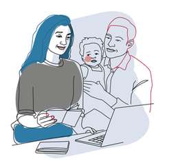 Illustration showing a mum, dad and child in front of a computer.