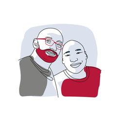 Illustration showing a portrait of two men, one with glasses and a beard.