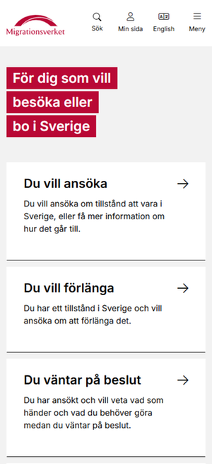 Skärmbild som visar startsidan i mobilt läge.