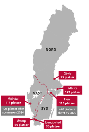 Map of where there are detention centres in Sweden.